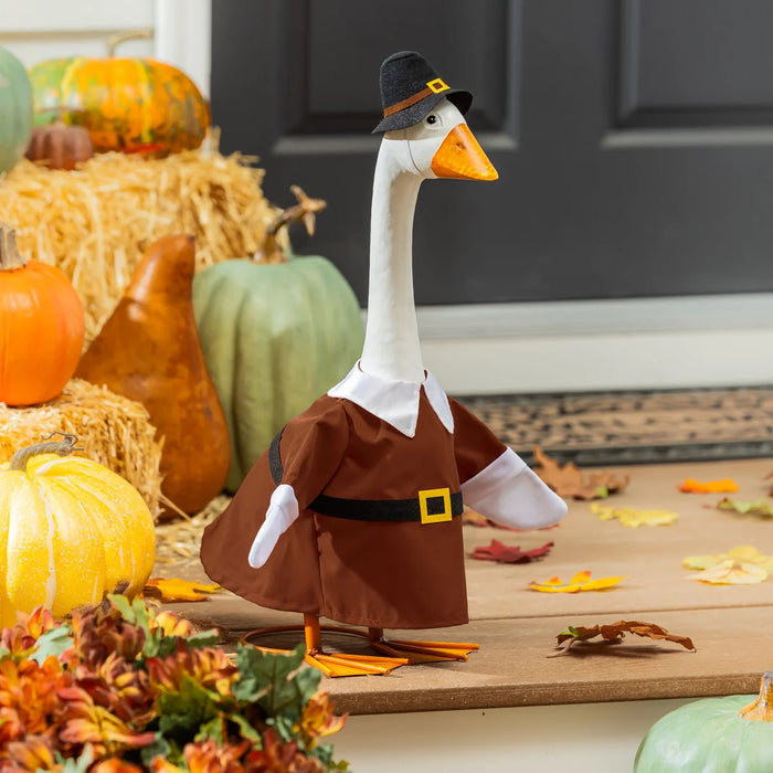 Decorative goose in a pilgrim costume surrounded by pumpkins and autumn leaves.
