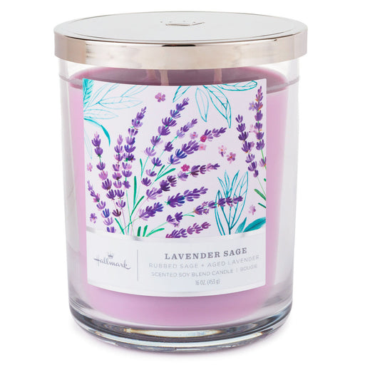Lavender-scented candle with a decorative label on a white background