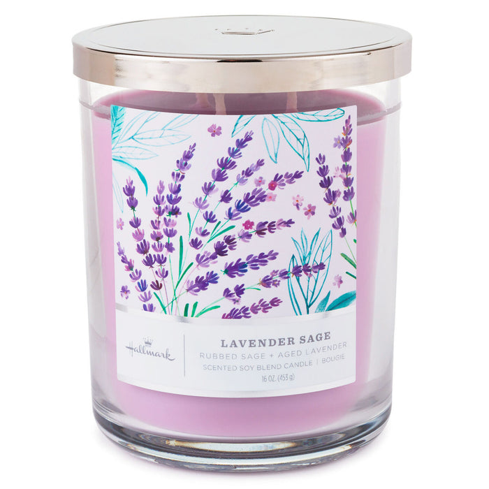 Lavender-scented candle with a decorative label on a white background