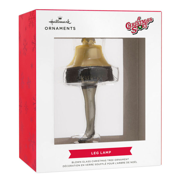 Leg Lamp Christmas ornament in packaging with Hallmark and A Christmas Story branding.