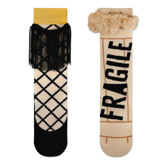 Two socks with decorative patterns on a white background