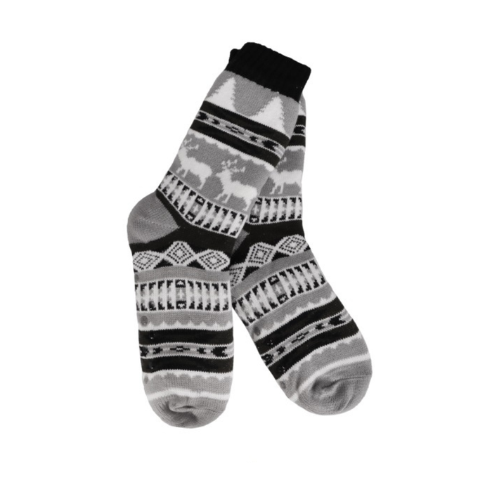 Patterned sock with black, gray, and white design on a white background