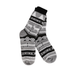 Patterned sock with black, gray, and white design on a white background