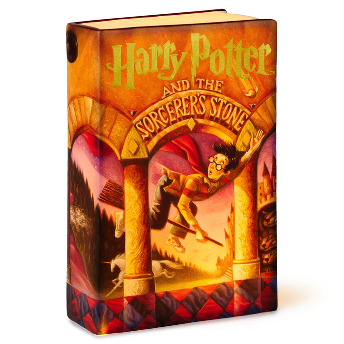 A hardcover notebook or journal featuring the Harry Potter and the Sorcerer's Stone cover art on the front cover, shown standing upright on a white background.