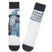 Two socks with a design of a character from 'The Lord of the Rings' and text on a white background.
