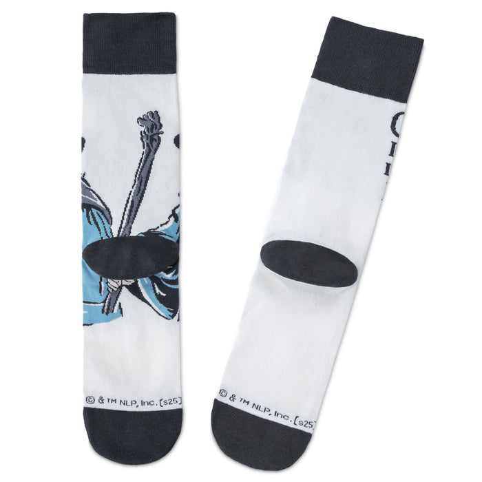 White socks with black accents and a graphic design on a white background