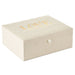 Beige jewelry box with 'LOVE' in gold on a white background