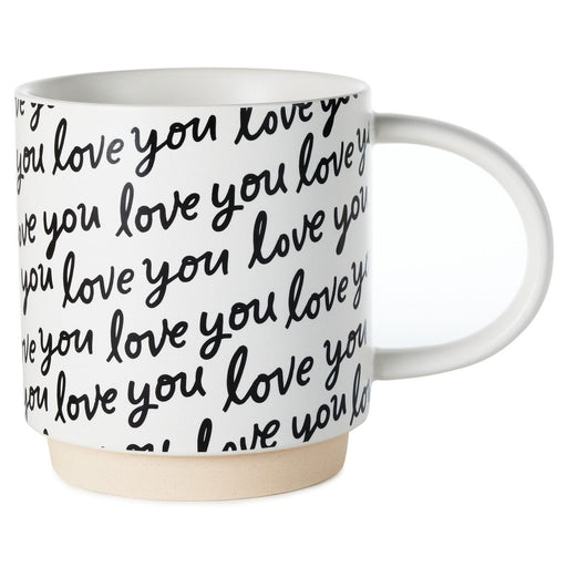 White mug with 'love you' text pattern on a white background