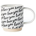 White mug with 'love you' text pattern on a white background