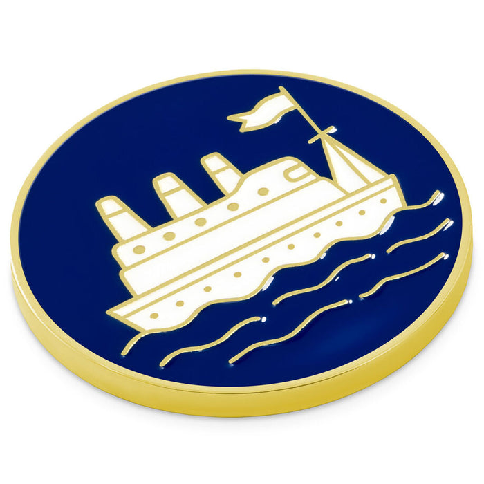 Gold ship emblem on a blue background