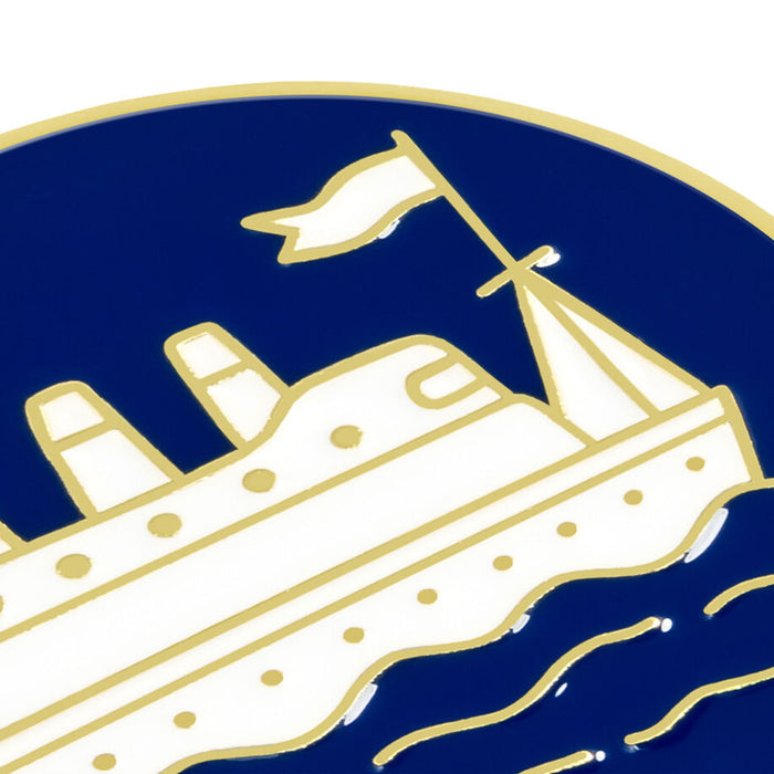 Logo of a cruise ship with a white flag on a blue background