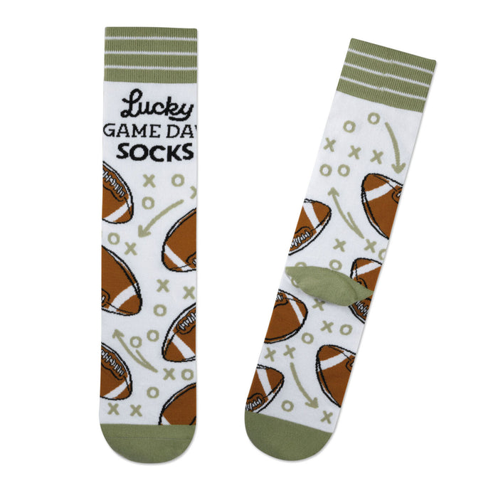 Pair of socks with football design and 'Lucky Game Day Socks' text on a white background