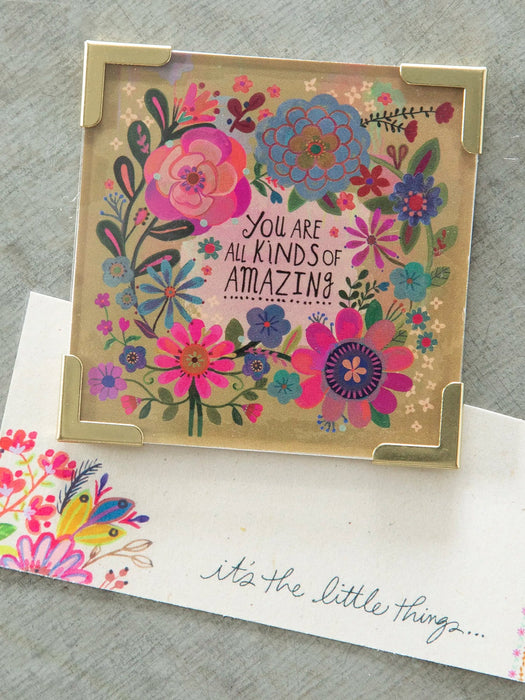 Floral card with colorful flowers and text on a gray background
