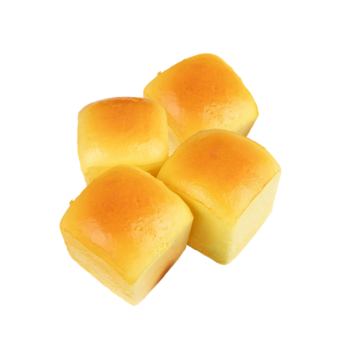 Four golden-brown baked bread rolls arranged together on a plain white background.