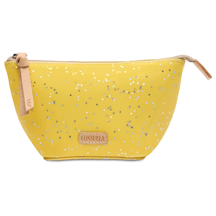 Yellow cosmetic bag with glitter pattern and visible brand logo on a white background