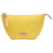 Yellow cosmetic bag with glitter pattern and visible brand logo on a white background