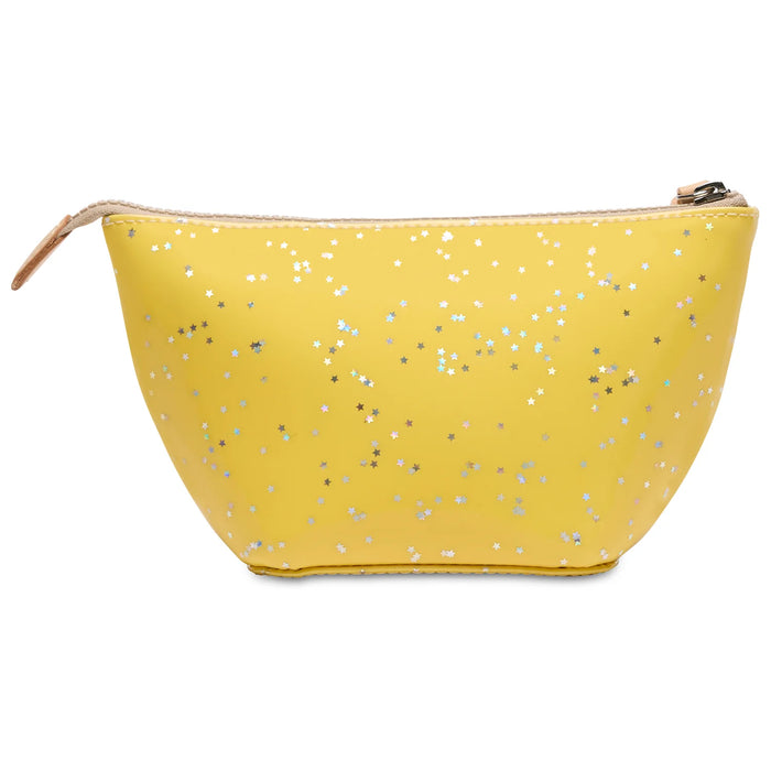 Yellow pouch with glittery specks on a white background