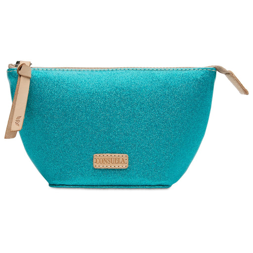 Turquoise pouch with a gold zipper and brand logo on a white background