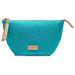 Turquoise pouch with a gold zipper and brand logo on a white background