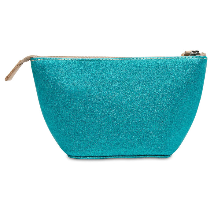 Turquoise pouch with a gold zipper on a white background