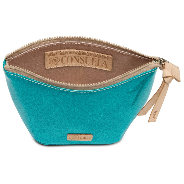Teal pouch with beige zipper and Consuela branding on a white background