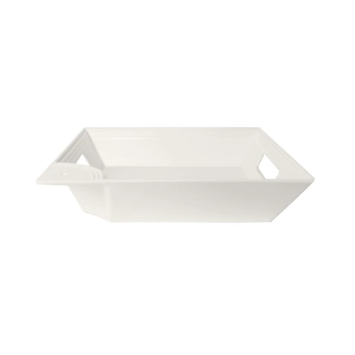 White ceramic tray with handles on a white background