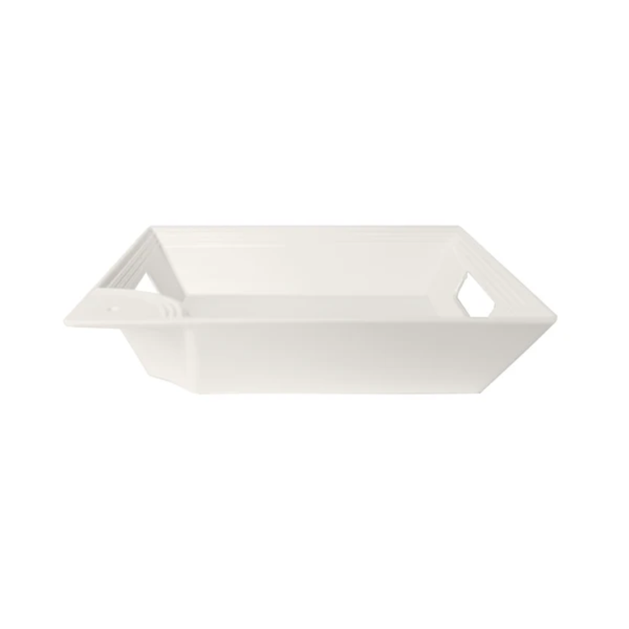 White ceramic tray with handles on a white background