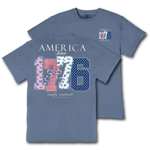 Blue t-shirt with 'America Since 1776' design on a white background