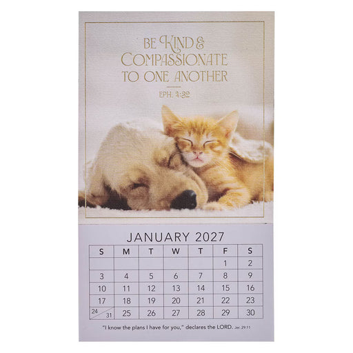 A vertical wall calendar page for January 2027, featuring a warm-toned photo of a sleeping orange kitten on the cover with the text 'BE KIND & COMPASSIONATE TO ONE ANOTHER' and a scripture reference. The lower section shows the calendar grid for the month.