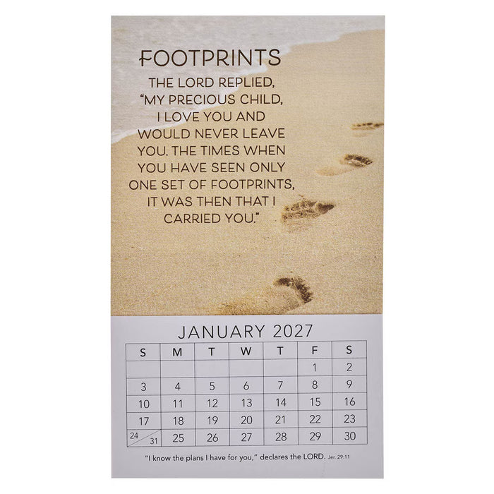 A single-page wall calendar page shown upright on a white background. The top portion features a sandy beach photo with footprints and a memorial-style quote titled FOOTPRINTS.