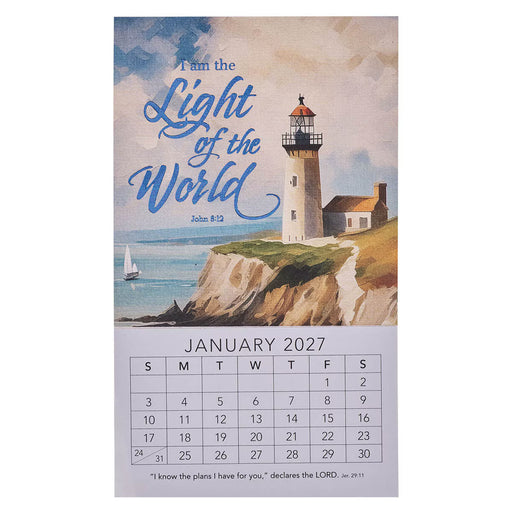 Calendar with a lighthouse illustration and 'I am the Light of the World' text, January 2027.