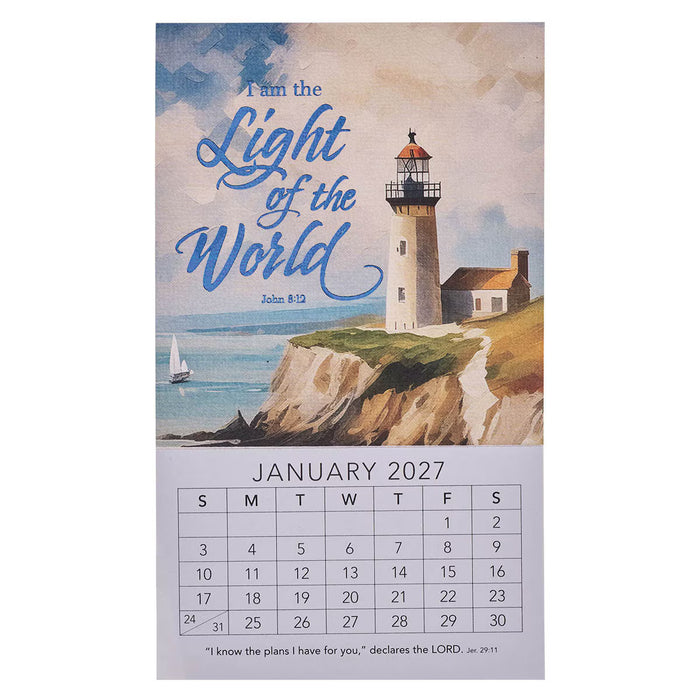 Calendar with a lighthouse illustration and 'I am the Light of the World' text, January 2027.