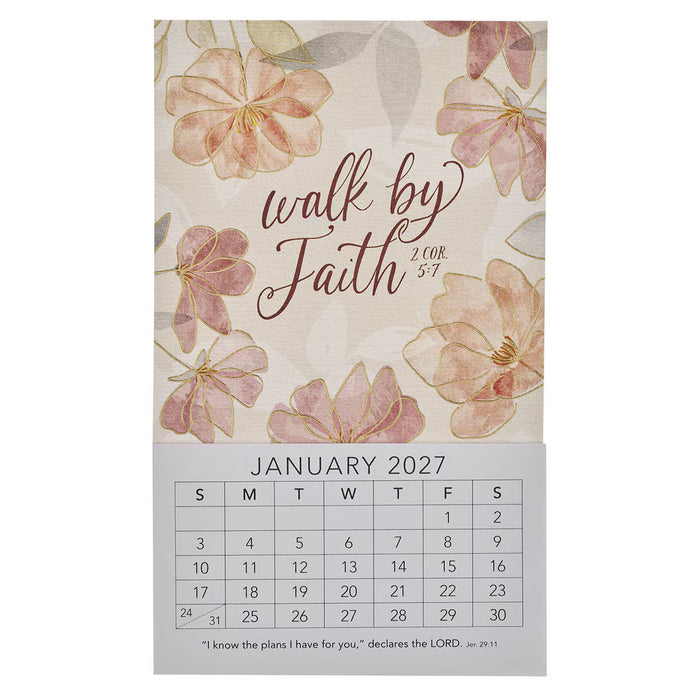 Calendar with floral design and 'walk by faith' text, featuring the month of January 2027.