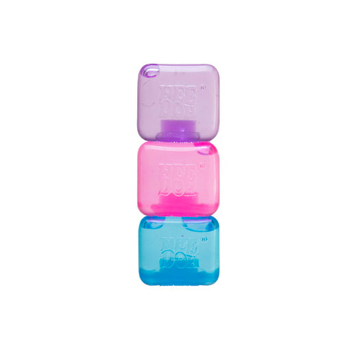 Three stacked bottles in purple, pink, and blue on a white background