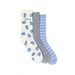 Set of three socks with floral pattern, gray checkered, and blue striped designs on a white background.