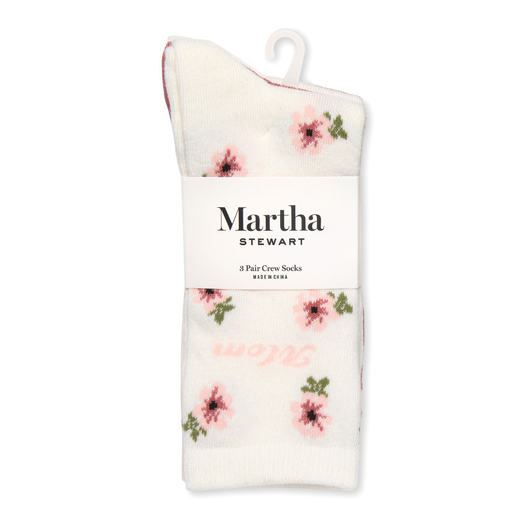 Pack of floral socks with 'Martha Stewart' branding on a white background