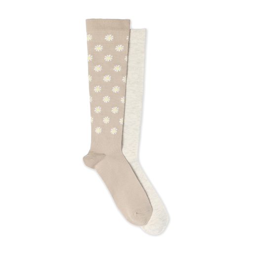 Pair of knee-high socks with floral pattern on a white background