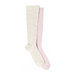 Two pairs of knee-high socks, one cream with multicolored dots and one pink, on a white background.