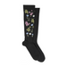 Black knee-high socks with floral design on a white background