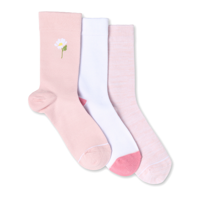 Three pairs of pink and white socks with a daisy design on a white background