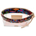 A clear zippered cosmetic pouch with a colorful abstract patterned exterior and a beige interior lining.