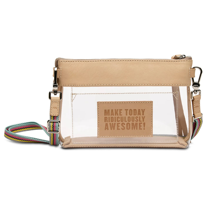 A clear plastic crossbody pouch with beige faux-leather trim and a multicolor striped strap, featuring a tan patch that reads 'MAKE TODAY RIDICULOUSLY AWESOME!'.