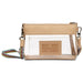 A clear plastic crossbody pouch with beige faux-leather trim and a multicolor striped strap, featuring a tan patch that reads 'MAKE TODAY RIDICULOUSLY AWESOME!'.