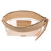 A clear plastic cosmetic pouch with a beige faux-leather trim and zipper, featuring a tan interior label that reads 'CONSUELA'.