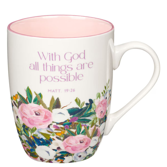 With God Things Are Possible Pink Floral Ceramic Coffee Mug - Matthew 19:
