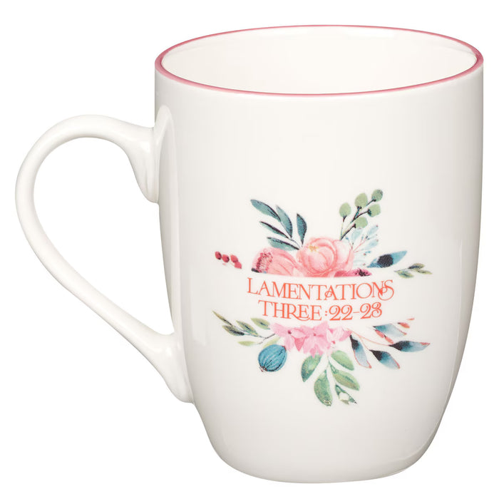 His Mercies are New Pink Peonie Ceramic Coffee Mug - Lamentations 3:22-23
