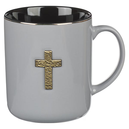Gray Ceramic Coffee Mug with Metal Cross Inlay
