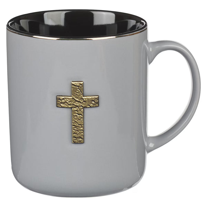 Gray Ceramic Coffee Mug with Metal Cross Inlay
