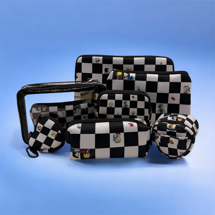 Set of black and white checkered bags with cartoon character designs on a blue background
