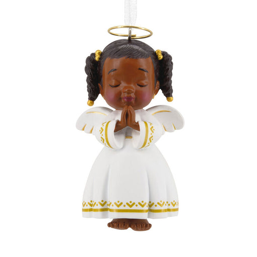 A praying angel Christmas ornament featuring a Black girl with braided pigtails, a gold halo, and a white dress with gold accents, shown against a plain white background.